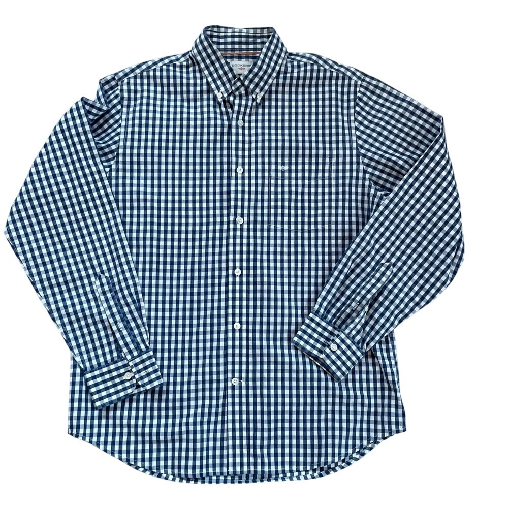 Dockers Men Classic Blue White Check Button-Up Shirt Long Slv M Nautical preppy‎